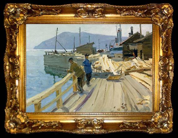 framed  Anatoli Ilych Vasiliev Baikal Lake boat station. At the moorage, ta009-2